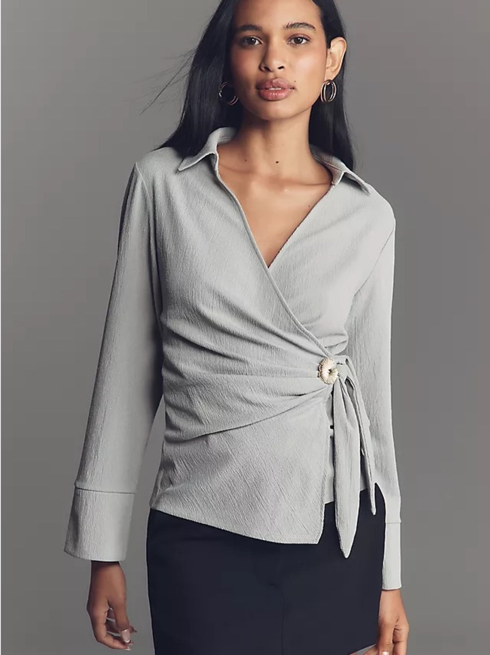 Anthropologie Light Gray Wrap Blouse with Side seashell tie and Collar